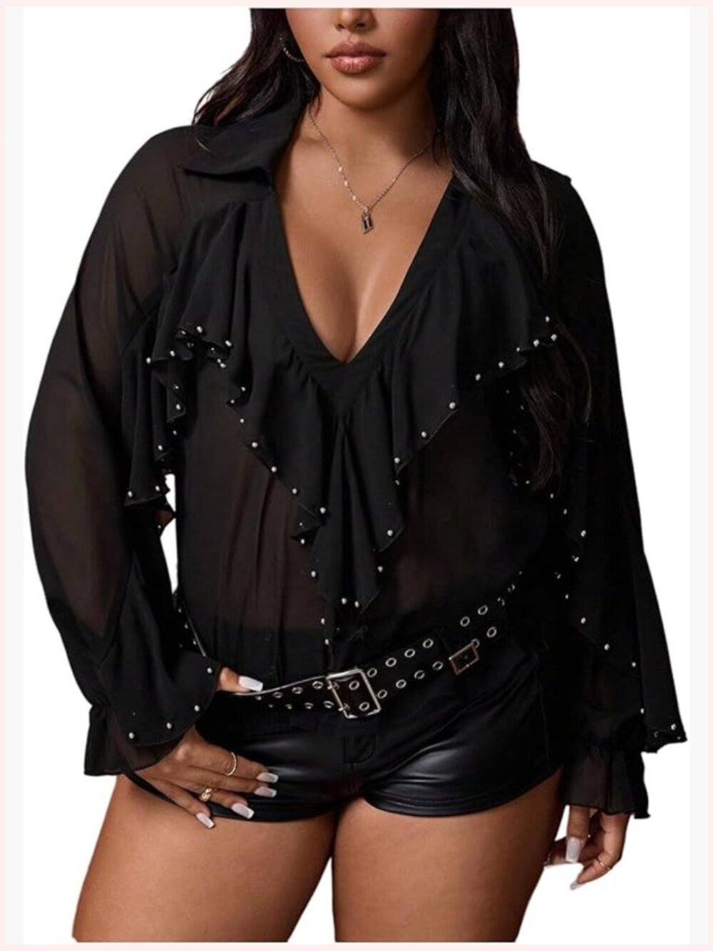 Plus Size Sheer Chiffon Blouse Long Sleeve V Neck Ruffle Tunic Top